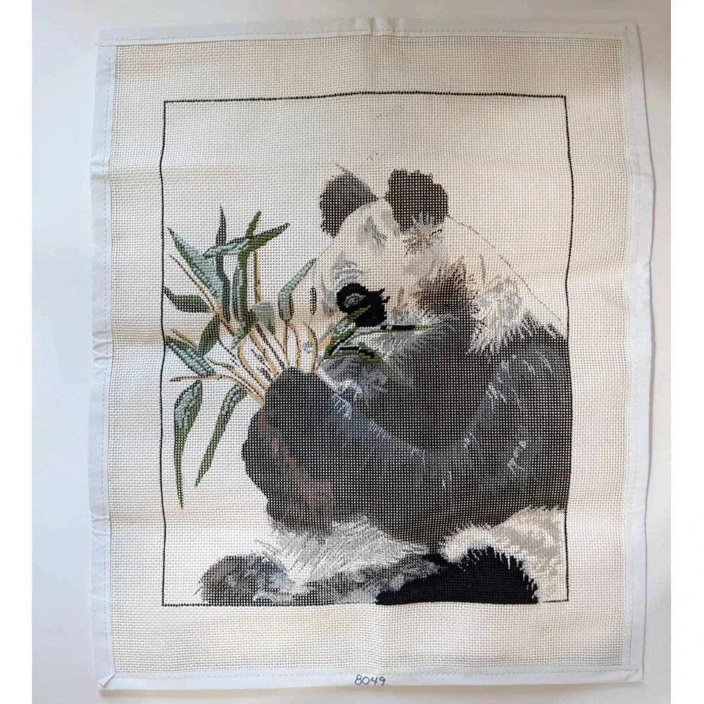 Vintage Hand Painted Needlepoint Canvas‎ Panda with Bamboo PARTIALLY COMPLETED